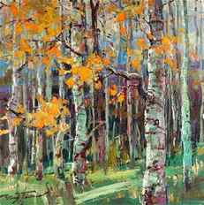 BARRY THOMAS (American, 1961-): Birch Trees oil on canvas h. 54 w. 54 in. overall: 63-1/2 x 63-1/2 in. signed lower left, framed