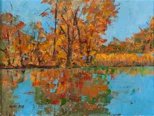 ALBERT ALOE (AMERICAN (MISSOURI), MID-20TH CENTURY): Albert AloeAmerican (Missouri), Mid-20th centuryEarly FallOil on canvasSigned lower left, titled to verso. Birch trees in autumnal color reflected against a vibrant blue sky in a motionless lake. Pain