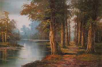 Large Modern Oil on Canvas Trees and Path by Lake. Good: Large Modern Oil on Canvas Trees and Path by Lake. Good Condition. Unsigned. Measures 31 Inches Tall and 43-1/2 Inches Wide. We Will Not Ship This Item In-House Due to Its Size, But Would be Happy to