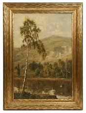 THEODORE HINES (UK/FL, 1876-1889): 'Loch Lomond', oil on canvas, depicting lake and mountains with birch trees and swans, signed lower right, in period gold metal leaf frame. SS: 20