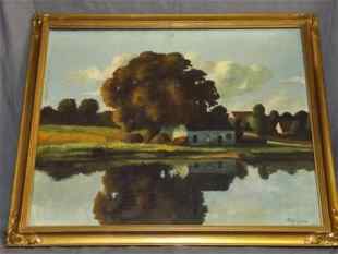 Hautier. Oil on Canvas: Realism painting by artist F. Hautier - . Signed lower left F. Hauter.. Image depicts a late summer scene featuring a low white house on the edge of a lake, with large tree behind. The entire scene is