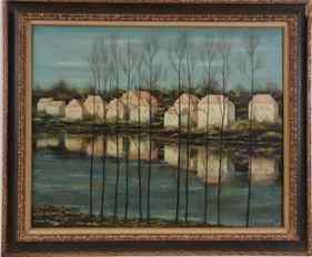 Jean-Pierre Capron. French/Swiss. Muted landscape of: Jean-Pierre Capron. French/Swiss. Muted landscape of houses by a lake with tall leafless trees. Oil on canvas. Signed and dated 1967 lower right. Framed. Sight: 32 x 39in. Overall: 40.5 x 48in.