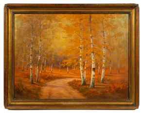 Signed C.H. Beecher Painting of Birch Trees & Road: The Painting is Oil on Canvas, Signed Lower Right. The Painting is in Good Overall Condition; the Frame has some Wear. The painting measures 18