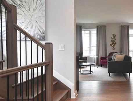 Wood staircase and floor, Sherwin Williams On the Rocks, Extra White trim, Kylie M Interiors Edesign, diy update ideas