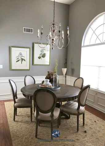 Sherwin Williams Pavestone in dining room white wainscoting, arched window and tall ceiling. Kylie M Interiors E-design and online Decorating and colour consulting