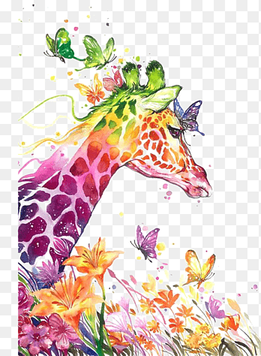 Watercolor painting Drawing Visual arts Canvas print, Watercolor Giraffe, multicolored giraffe and butterflies painting, watercolor Leaves, splash png thumbnail