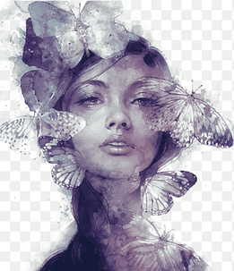 Drawing Digital art Portrait Illustration, butterfly woman, woman and butterflies illustration, purple, business Woman png thumbnail