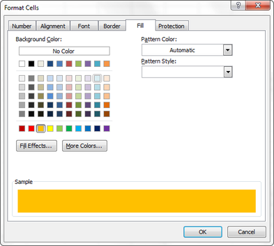 Change the background color of selected cells using the Format Cells dialog.