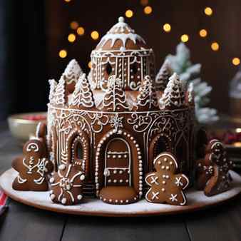 Christmas gingerbread house with gingerbread man and snowflakes