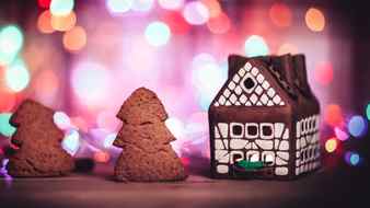Gingerbread house and cookies are a festive background