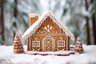 Decorated gingerbread house on a snowy landscape created with generative ai