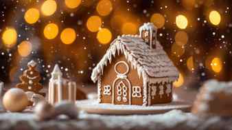Gingerbread house with powdered sugar for christmas on festive background holiday concept