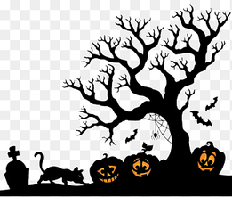 HALLOWEEN HANNAK, bare trees near pumpkin and cat on cemetery Halloween illustration, png thumbnail