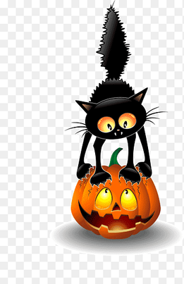 Black cat Halloween, Cartoon black cat and pumpkins holiday decorations material, cartoon Character, cat Like Mammal png thumbnail