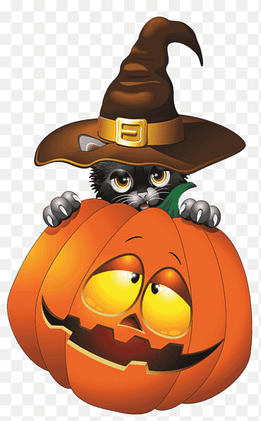 orange and multicolored cat hiding behind pumpkin illustration, Cat Halloween Jack-o-lantern, Witch Cat, food, cartoon png thumbnail