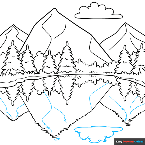 easy reflection drawing - mountain landscape step-by-step drawing tutorial: step 9