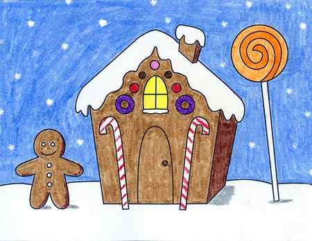 A drawing of a Gingerbread House, made with the help of an easy step by step tutorial.