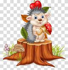 gray and brown hedgehog sitting on tree trunk while holding red mushroom illustration, Hedgehog on the stump transparent background PNG clipart thumbnail