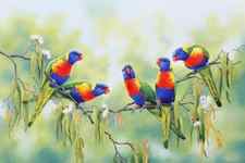 painting of rainbow lorikeets sitting on branch with blurry background