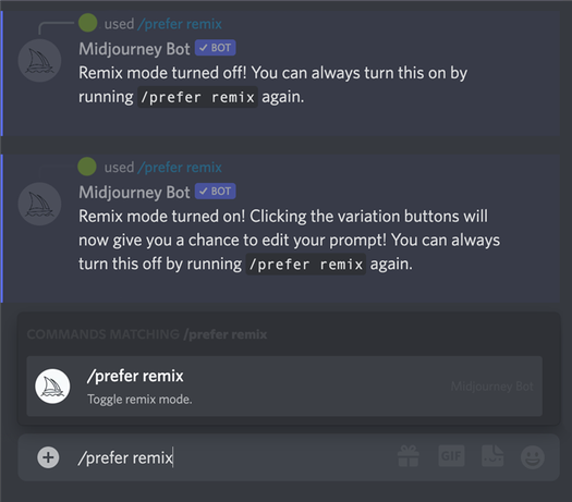 Image showing the Midjourney Prefer Remix Command