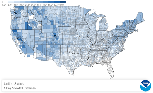 Map showing 1-day snowfall extremes for the continental U.S.