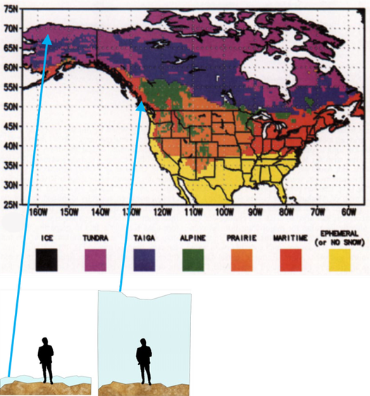 A map of different snow classes of Canada and the U.S. with an illustration of typical snow depth for tundra and maritime regions, person for scale