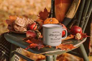 white and black mug near maple leaves and pastry on table, warm HD wallpaper