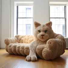 a huge crocheted cat in a realistic living room 1