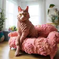a huge crocheted cat in a realistic living room 4