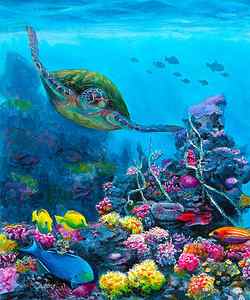 Wall Art - Painting - Secret Sanctuary - Hawaiian Green Sea Turtle and Reef by K Whitworth