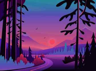 Night landscape scene vector illustration cartoon midnight neon dark nature scenery with black silhouettes of forest pine trees road to mountains on horizon and evening sky panorama background