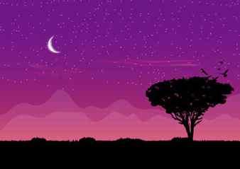 Graphics design the moon and sky star with tree and grass on ground outdoor landscape nature view at night time vector illustration