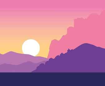 Beautiful nature landscape drawing scenery silhouette in purple pink and orange colors sunset vector illustration graphic design