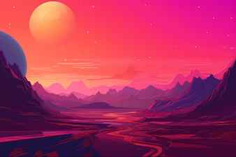 Magenta and amber skies a luminous landscape with planets on the horizon Stock Photo