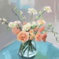 Roses Peach Blue Grey by Beverly Brown