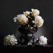 PEONIES WITH SILVER COFFEE POT by Lawrence Preston