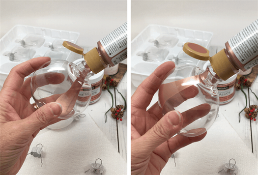 Squeezing paint into clear ornaments