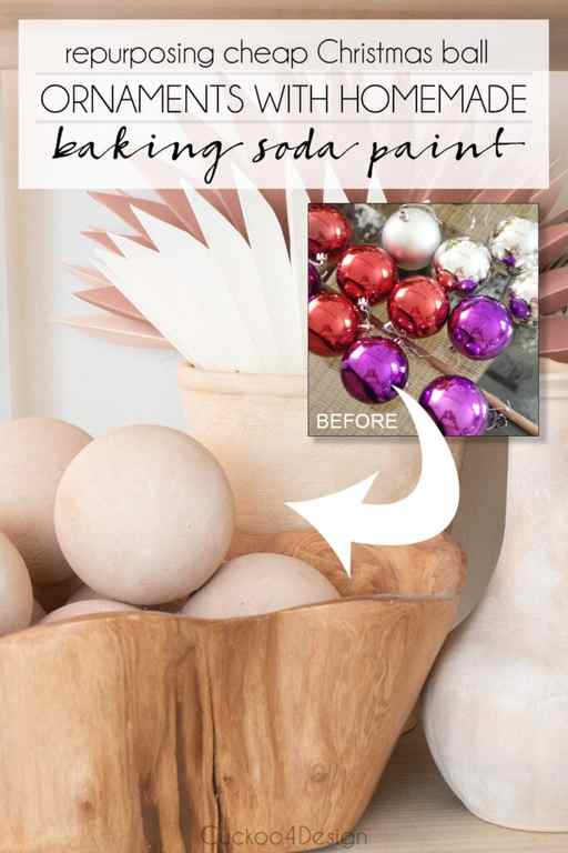 before and after of cheap painted Christmas ornaments that are painted with DIY baking soda paint