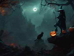 CYBER Witch black cat cyberpunk art futuristic art halloween jack o lantern magic night spooky wallpaper witch