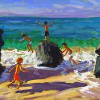 Climbing rocks Porthmeor beach St Ives by Andrew Macara