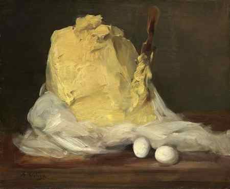 painting of butter on a table with white cloth. Painting ideas of food