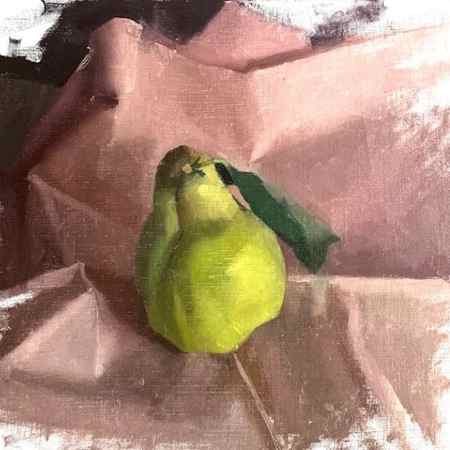 quince still life painting ideas on pink fabric