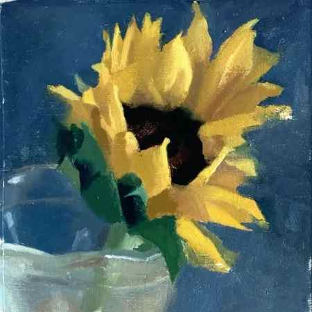 bright yellow sunflower oil painting with blue background in glass vase