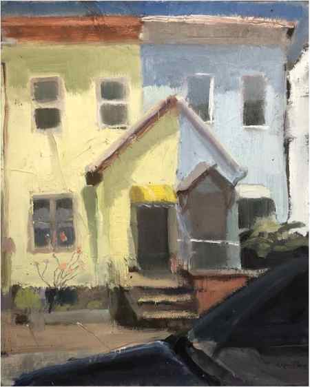 painting ideas of a neighborhood yellow and blue townhouse with car