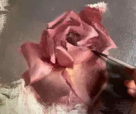 pink rose oil painting in process