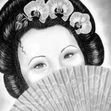 Mysterious - Geisha Girl with Orchids and Fan by Nicole I Hamilton