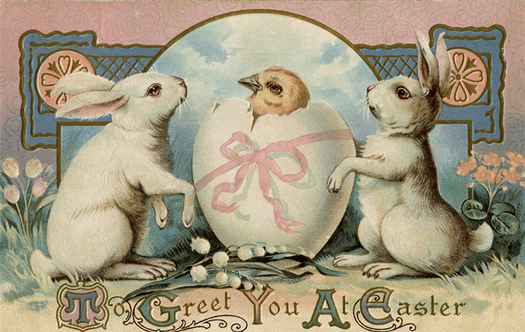 Two white rabbits and a hatching chick surrounded by ornaments and letters