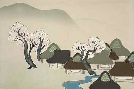 Wall Art - Painting - Village with cherry blossoms from Momoyogusa, Flowers of a Hundred Generations by Kamisaka Sekka