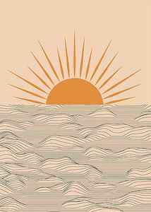 Wall Art - Drawing - Modern abstract aesthetic background with sun and sea waves, sunset and sunrise illustration by Mounir Khalfouf
