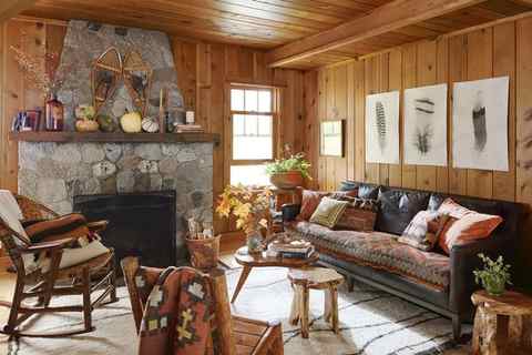 lakeside cabin with pine walls and rustic furnishings